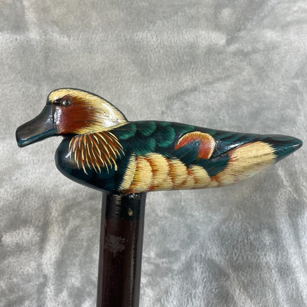 Vintage Duck Walking Stick Cane Hand Carved Wooden Painted Mallard 36in Folk Art